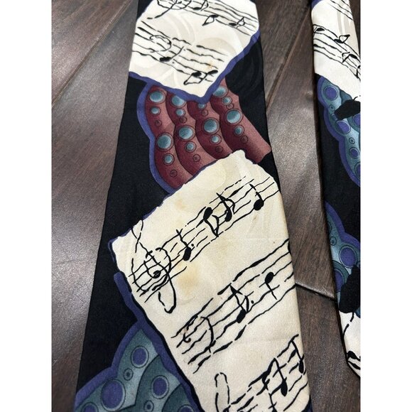 Vintage Deco Mode Upbeat Necktie Music Themed Silk Tie Black Abstract Notes - Picture 7 of 8